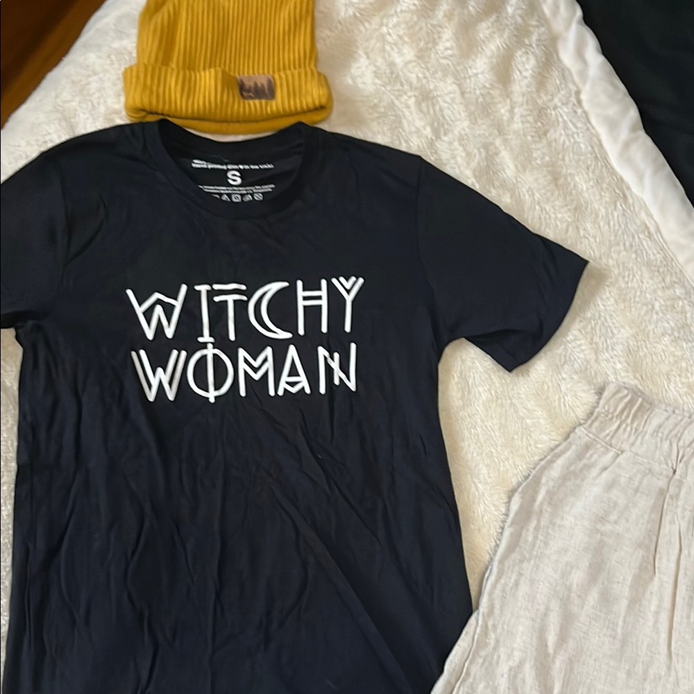 Black 'Witchy Woman' T-Shirt, Rayon/Linen pants with cute beanie